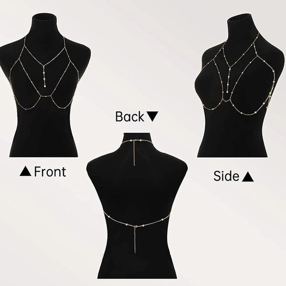 Gold Body Chain for Women Pearl Rhinestone Bra Waist Jewelry No Tarnish - Picture 7 of 7